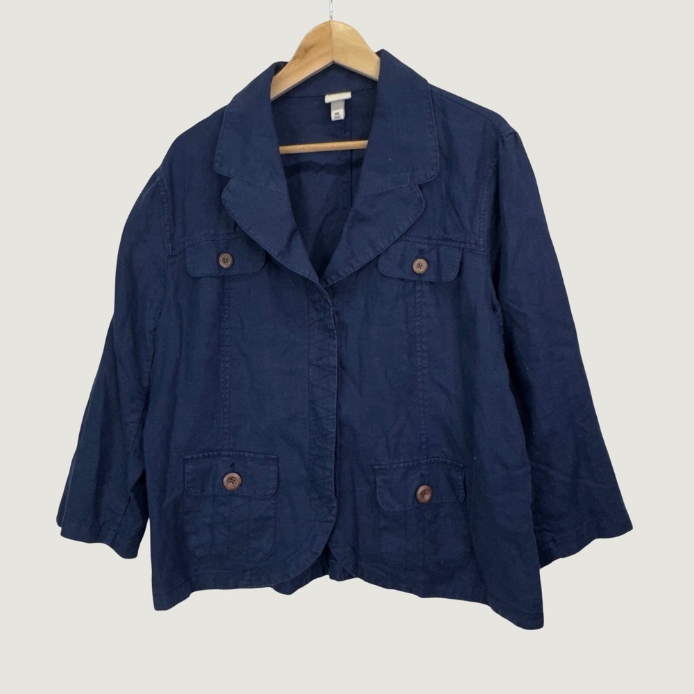 Merona 100% Linen Jacket XXL Navy Blue Utility Safari Coastal Grandma Blazer